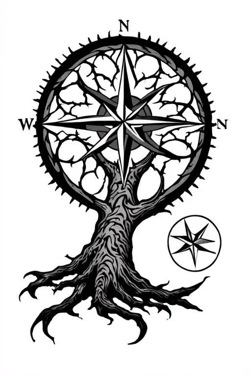 An exquisite viking themed tattoo that shows a Nordic tree of life at the wrist and the vegvisir compass at the top of t tattoo design idea