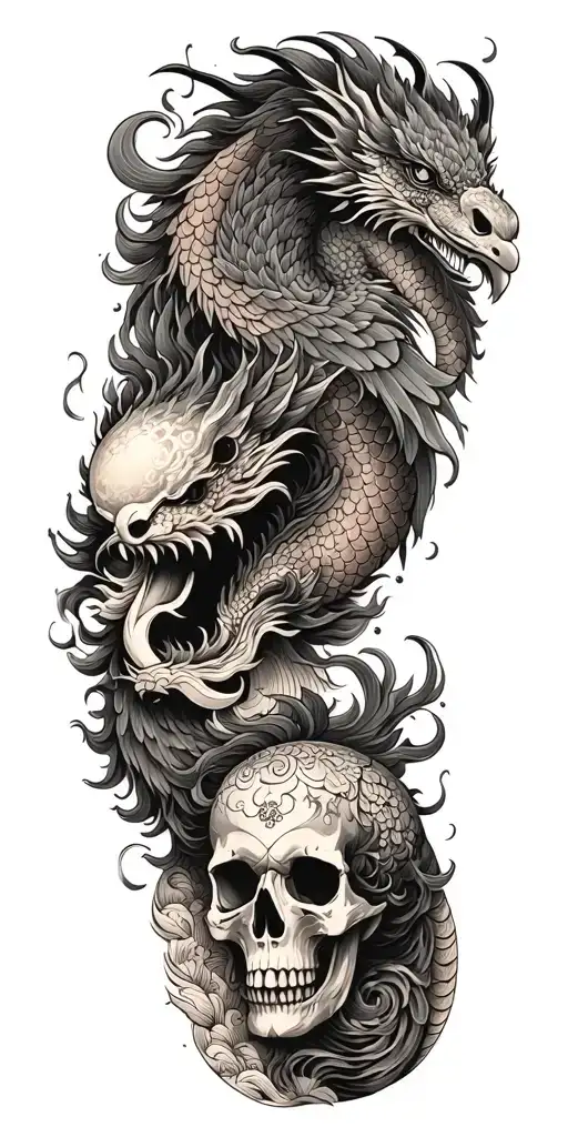 Chinese dragon and phoenix and skull and moon and raven tattoo design idea