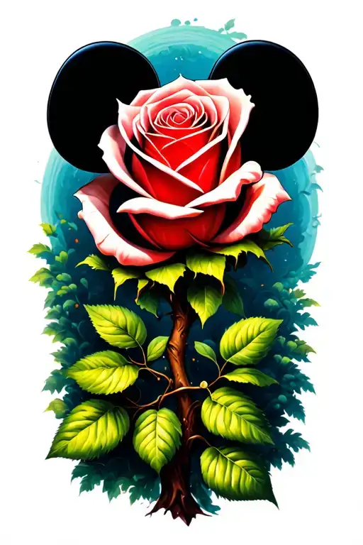 tree Mickey Mouse rose intertwined symbolizing grief tattoo design idea