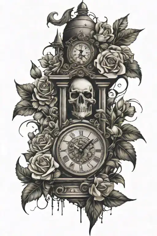 skull, stairs, broken clock tower surrounded by flowers tattoo design idea