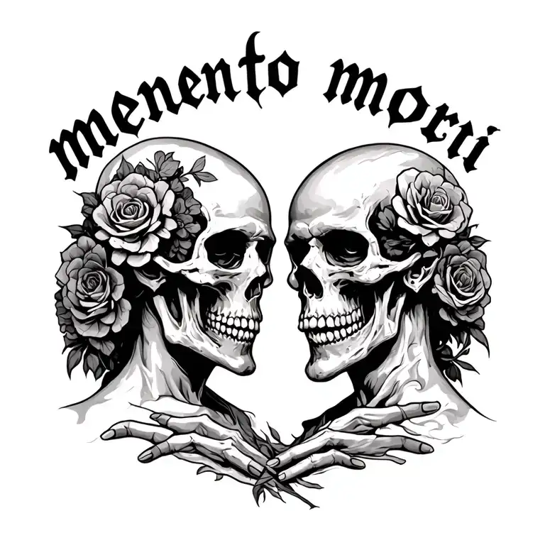 memento mori text on top of back with death and a man below facing each other  tattoo design idea