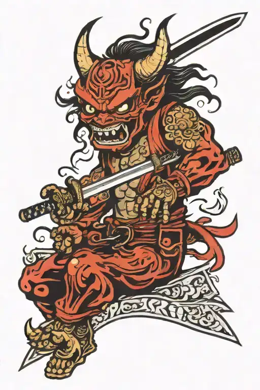 Demon oni, katana, inscription Klaus tattoo design idea