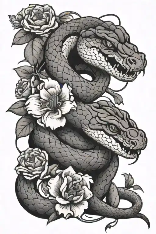 snake eating apple on top of flowers wrapped tattoo design idea