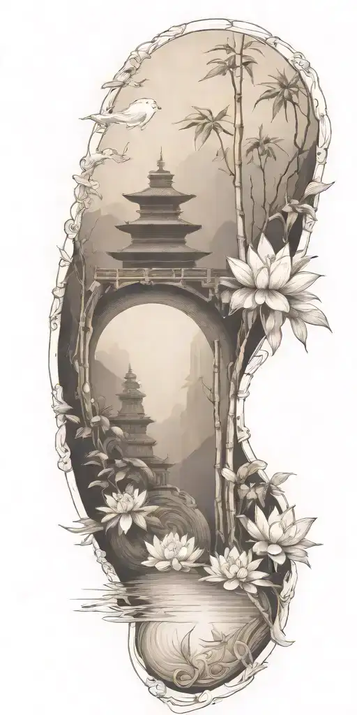 buddhist inpired tattoo with scenary of nature, bamboo, water, and with lotus, koi fish, and small budda and mandalas tattoo design idea