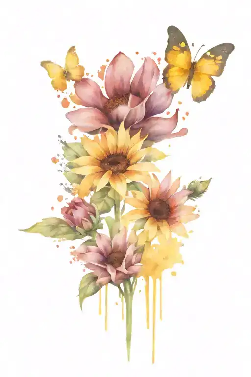 dog paw print sunflower and yellow butterfly  tattoo design idea