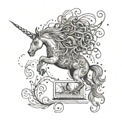 A surreal design of a unicorn emerging from a computer screen, surrounded by Tim Burton-esque elements like spiraling vines and musical notes tattoo design idea