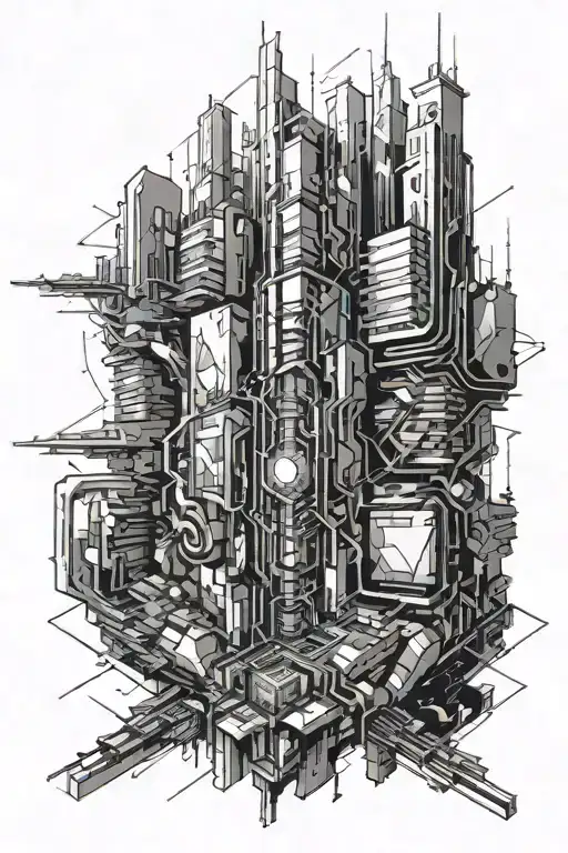 city scape cyberpunk style tattoo design idea