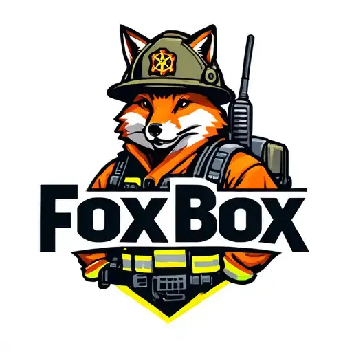 "Fox Box" "Fox Box" Tough looking fireman fox wearing firefighting gear with radio equipment. Helmet has maltese symbol tattoo design idea