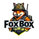 "Fox Box" "Fox Box" Tough looking fireman fox wearing firefighting gear with radio equipment. Helmet has maltese symbol tattoo design idea