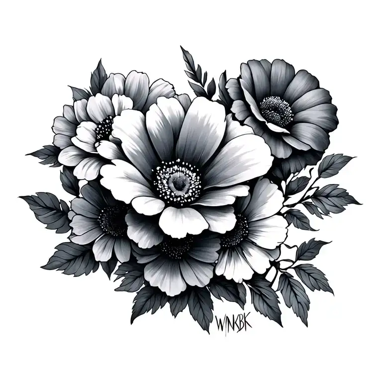 5 flowers with letter WNKBK tattoo design idea