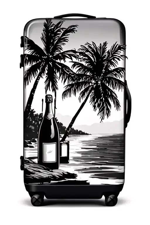 suitcases, champagne, palm tree silhouette tattoo design idea