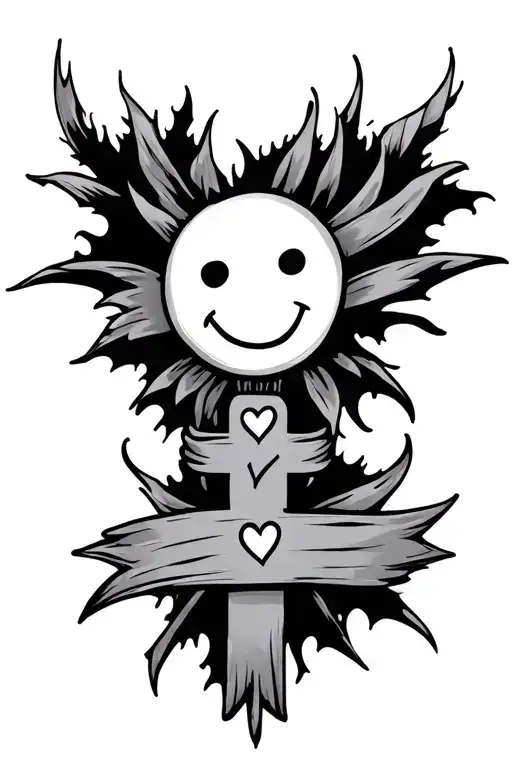 cross and a smiley face and a heart in the middle tattoo design idea