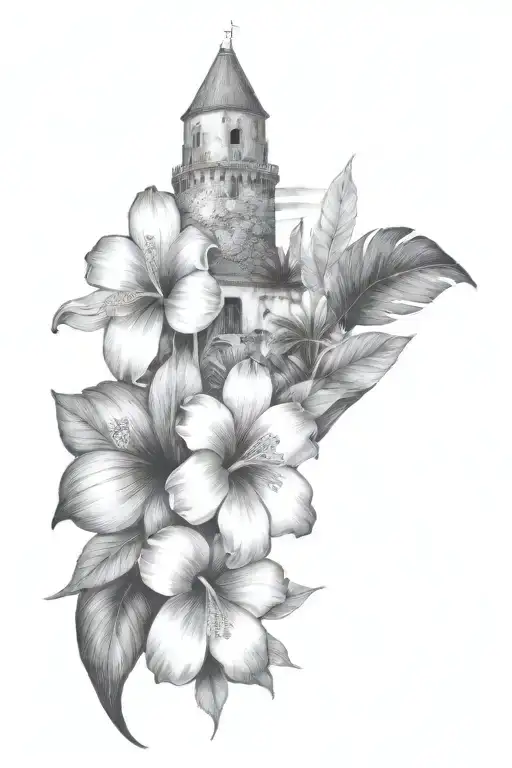 Ibiza, sea, sailboats, tropical leaves, hibiscus, village with flat roofs and a tower with three windows tattoo design idea