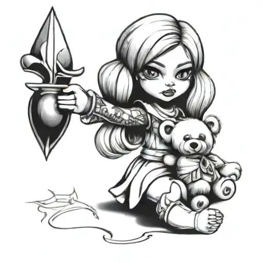 Tattoo design: girl with black Bratz style tattoos holding a teddy bear and a dagger tattoo design idea
