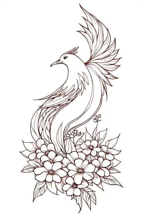 fine line abstract phoenix made out of flowers with unalome tattoo design idea