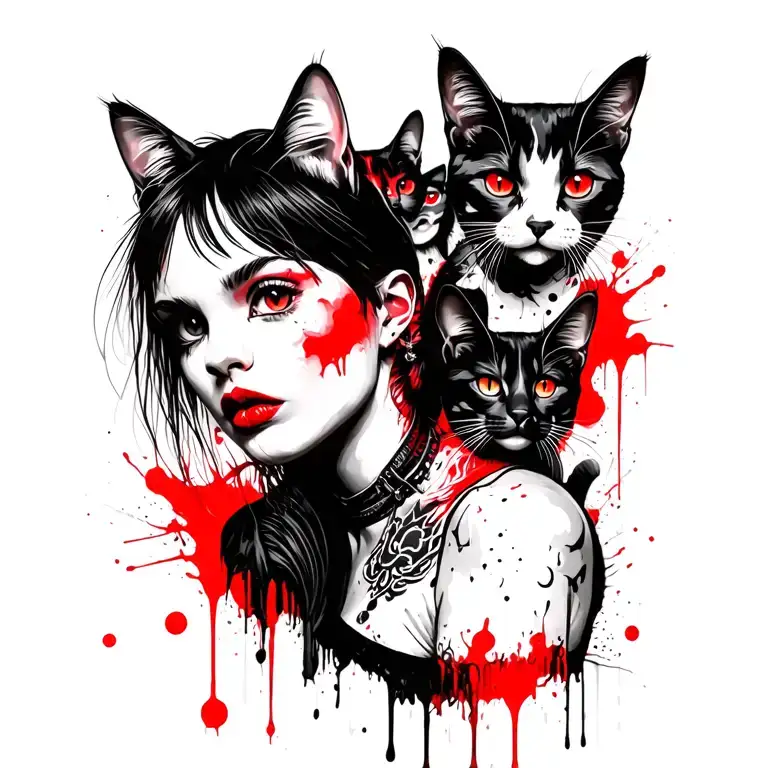 punk rock girl with gang of cats tattoo design idea