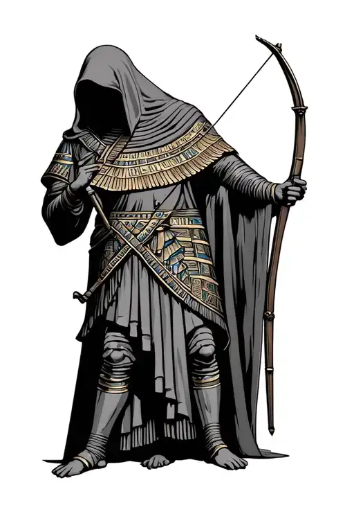 hooded figure with no face and holding a bow with one hand and quiver on back has ancient egypt design on cloak tattoo design idea