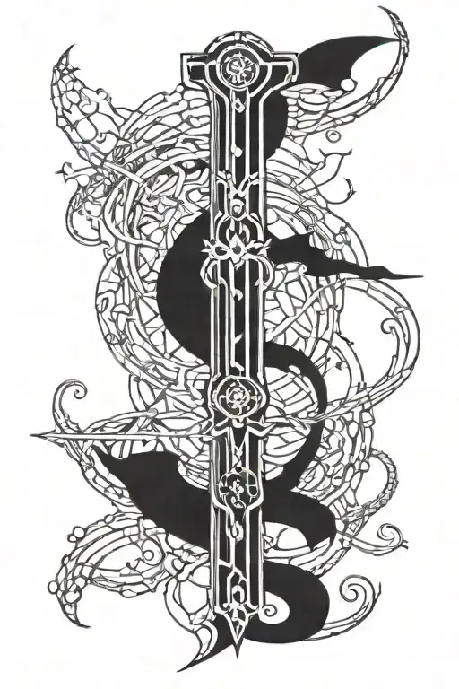 Black and White Sword sorrounded by vines tattoo design idea