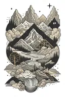 geode and mountains incorporate skiing, mountain biking, and cat tattoo design idea