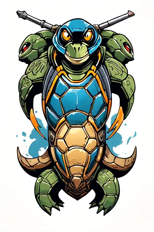 a traditional navy iron shellback turtle that shows the shell of the turtle with a mecha design  tattoo design idea