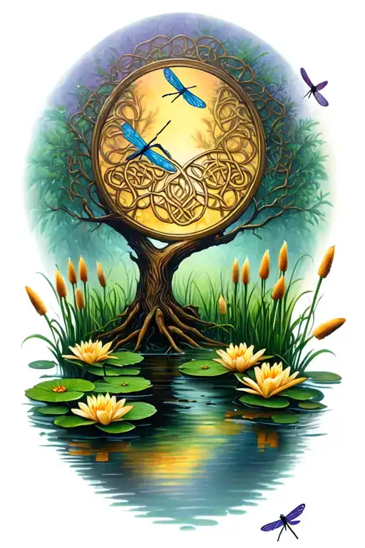 lily pond with cattails celtic tree of life and dragonflies tattoo design idea