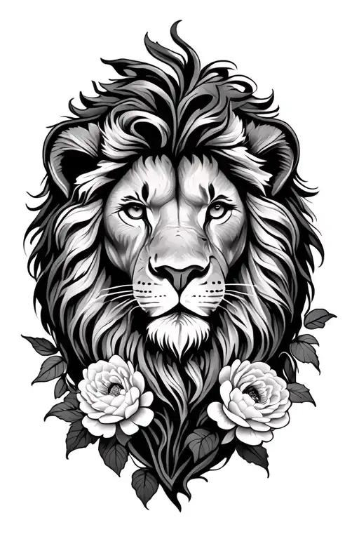 lion, cross, ranunculus flowers tattoo design idea