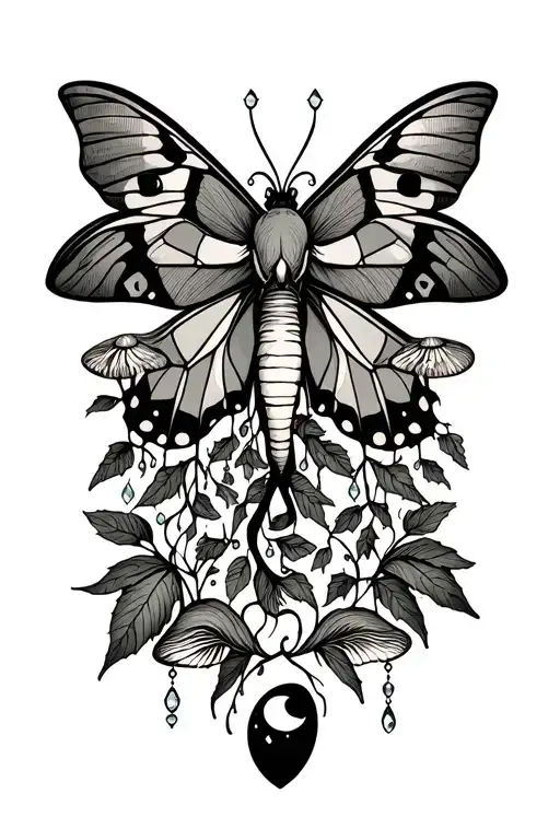 full lunar moth with mushrooms, leaves, moon, and dangling jewels tattoo design idea