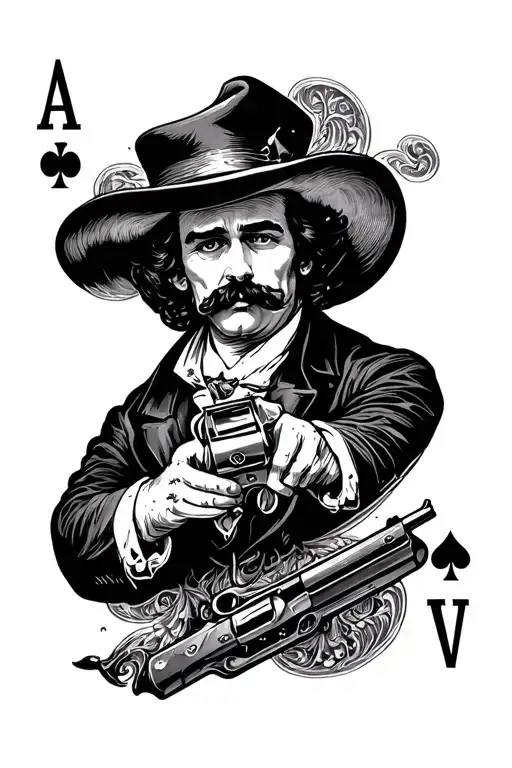 ace of spades card with doc Holliday coming out of the center of the card holding two pistols  tattoo design idea