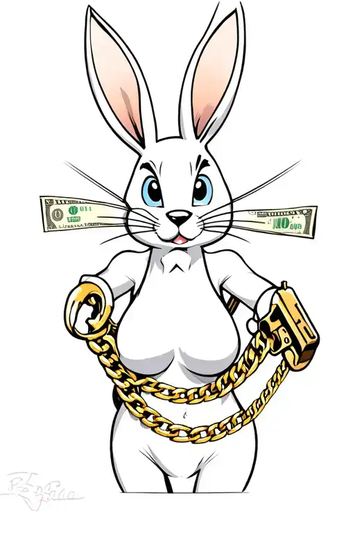 Generate me a realistic gangster Lola and Bugs Bunny tattoo stencil wearing gold chains and Guns and $100 bills, wearing tattoo design idea