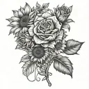 rose, sunflower and daisy on a decorative stem wrapped simple stencil tattoo design idea