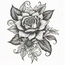 rose, sunflower and daisy on a decorative stem wrapped simple stencil tattoo design idea