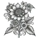 rose, sunflower and daisy on a decorative stem wrapped simple stencil tattoo design idea