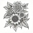 rose, sunflower and daisy on a decorative stem wrapped simple stencil tattoo design idea