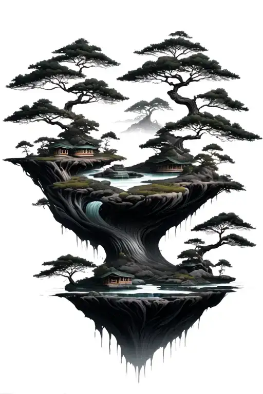 multiple floating islands that have bits of a japanese zen garden on it tattoo design idea