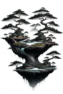 multiple floating islands that have bits of a japanese zen garden on it tattoo design idea