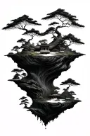 multiple floating islands that have bits of a japanese zen garden on it tattoo design idea
