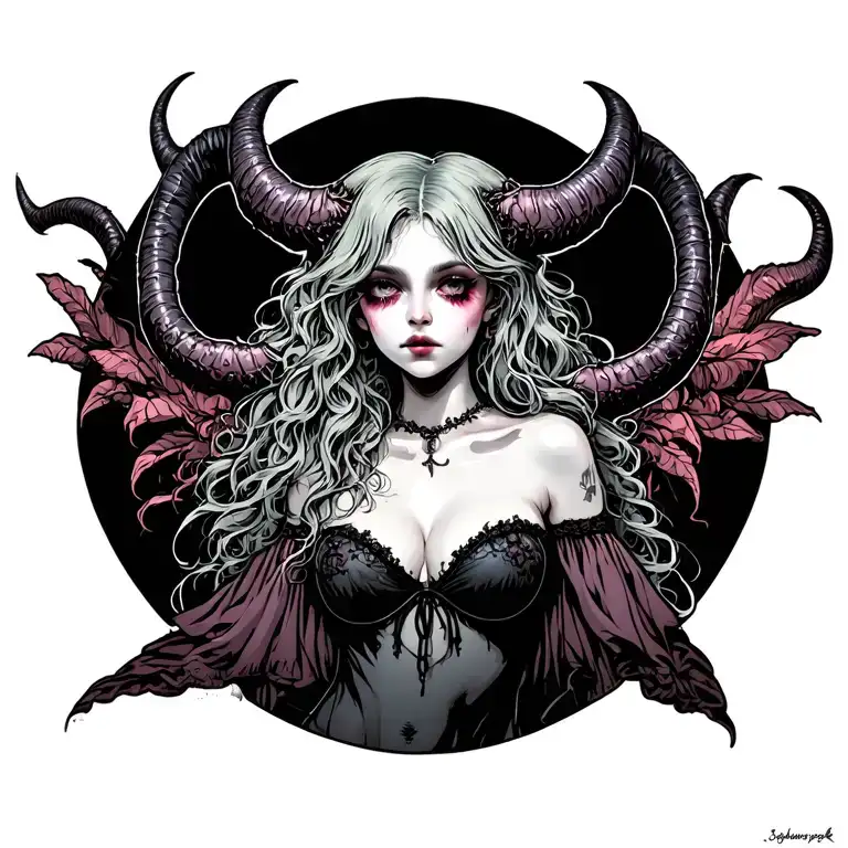 Sexy Pale Girl, Petite, Big Boobs, Wide Hips, G-string. Messy Hair, Demonic Horns, Sexual.... Tattoo tattoo design idea
