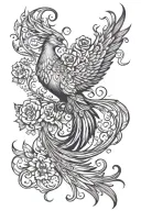 feminine phoenix with flowers and swirls like lively flames tattoo design idea