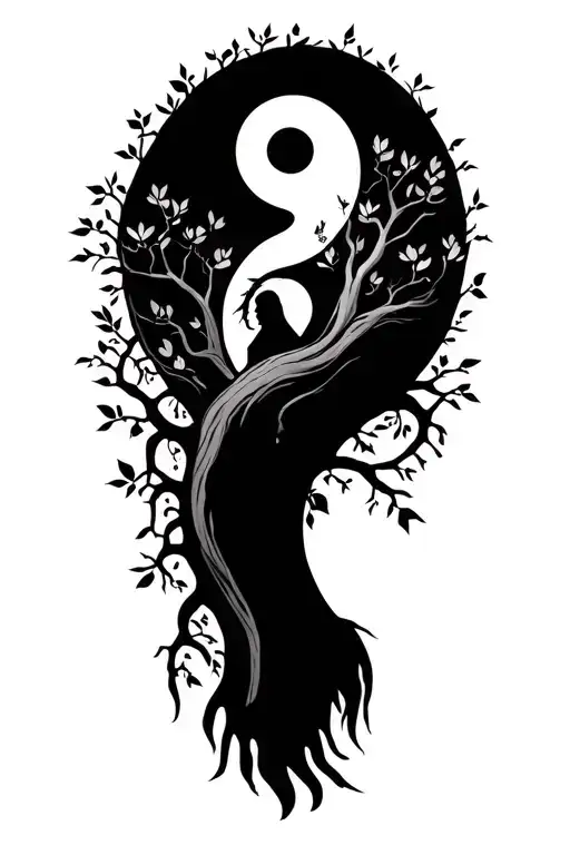 Tattoo Template: Life tree, man and woman closely wrapped as a tree trunk, branches like the Yin and Yang symbol, were grew tattoo design idea