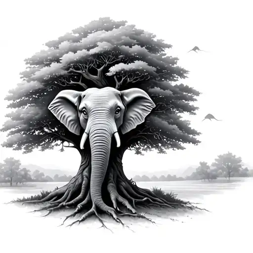 large tree with elephant eyes and ears in trunk of tree blended tattoo design idea
