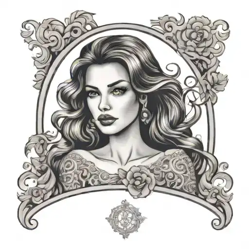 hot young brunette woman with long lustrous wavy hair wearing an off-shoulder lace dress framed within an oval border tattoo design idea