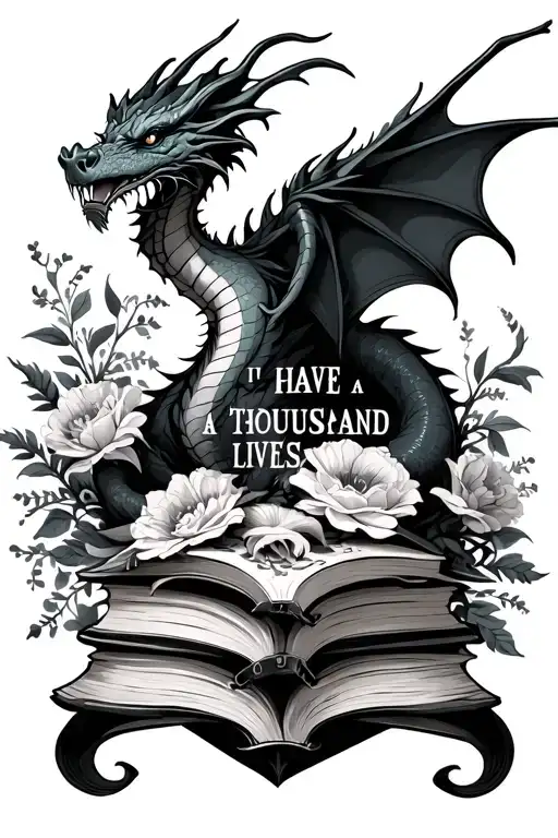 "I have lived a thousand lives" dragon and books surrounded by florals tattoo design idea