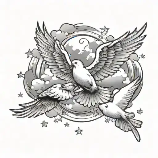 clouds with stars and doves flying through lighting tattoo design idea