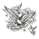 clouds with stars and doves flying through lighting tattoo design idea