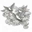 clouds with stars and doves flying through lighting tattoo design idea