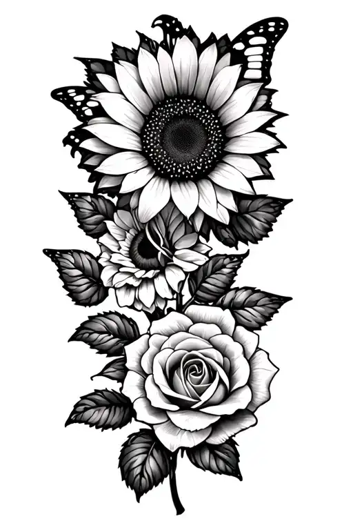 sunflowers and roses butterfly tattoo design idea