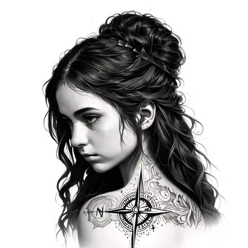 Tianna with a Nordic compass tattoo on her chest, symbolizing her role as the family's warrior tattoo design idea