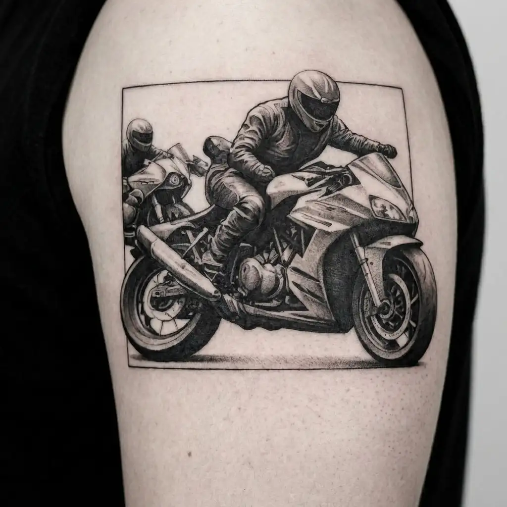 two bikers riding together harley and kawasaki ninja motorcycle tattoo design idea