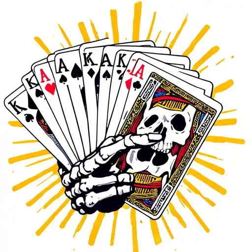 skeleton hand holding cards that spell out karama with sunshine rays  tattoo design idea