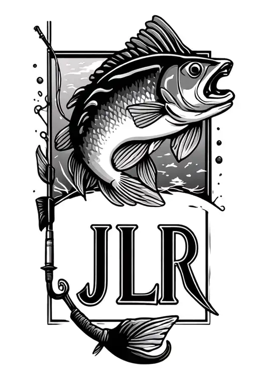 initials "JLR" with a fishing pole and a fish on the hook tattoo design idea
